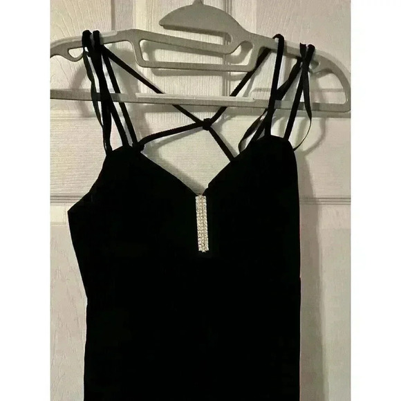 Vintage 90s Black Velour Velvet Spaghetti Strap Maxi Dress Jewel Detail ILGWU - Picture 4 of 7